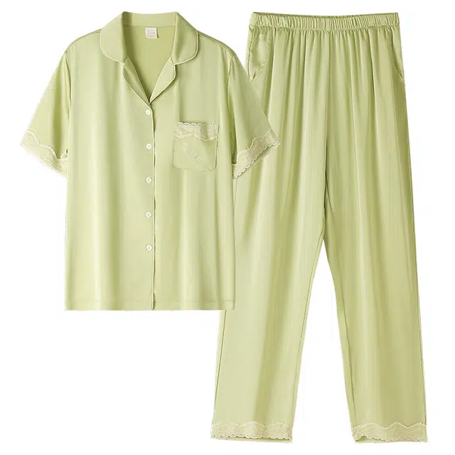 睦隆世家 纯色冰丝短袖长裤薄款家居服夏季睡衣套装 女款