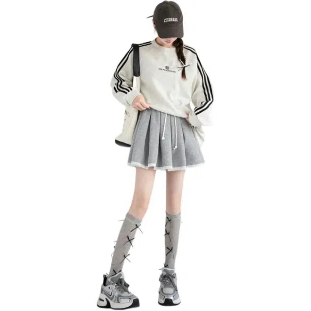 荟萃阁 蕾丝花边拼接抽绳半身裙女防走光百褶休闲短裙 女款