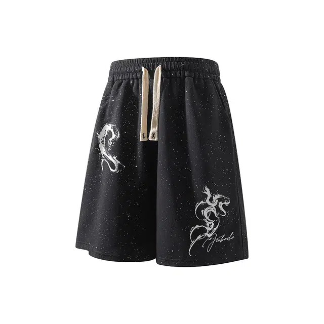 金贝勒 美式高街满天星手绘水墨蛇字母系带松紧腰宽松百搭运动五分休闲短裤 男女同款 黑色