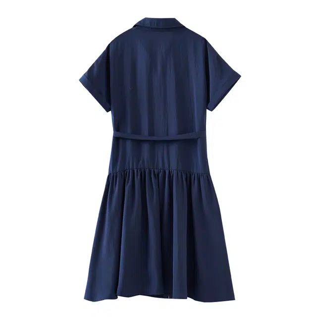 欧昵雪 翻领纯色舒适气质中长款合身通勤短袖连衣裙 女款