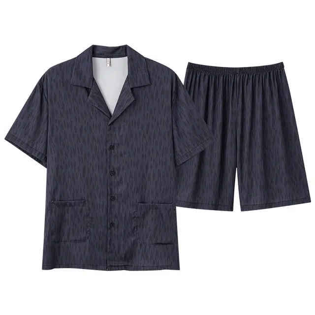 俏佳人 冰丝翻领凉感高级开衫透气亲肤休闲短袖短裤家居服睡衣套装 男款