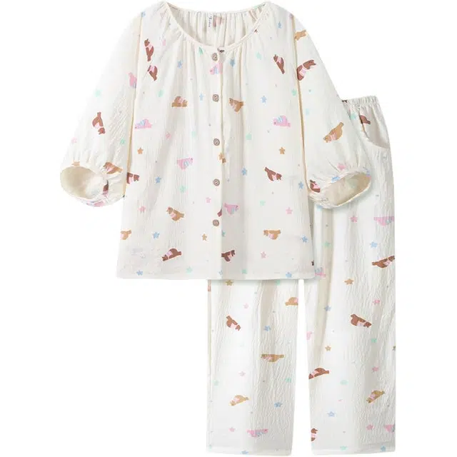 北极绒 可爱多巴胺小熊卡通动漫中袖圆领长裤睡衣套装 女款