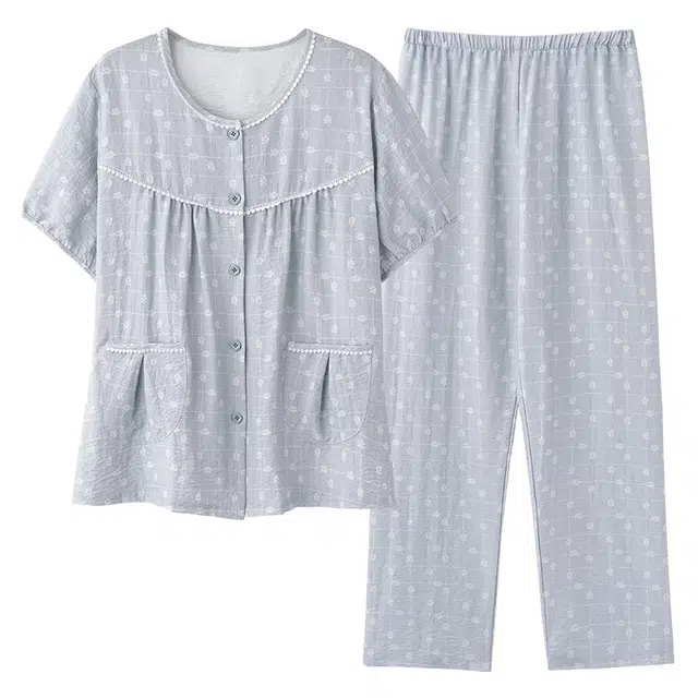 莫代尔 显瘦韩版时尚圆领开衫舒适柔软简约休闲个性大方无束缚短袖长裤家居服可外穿睡衣套装 女款