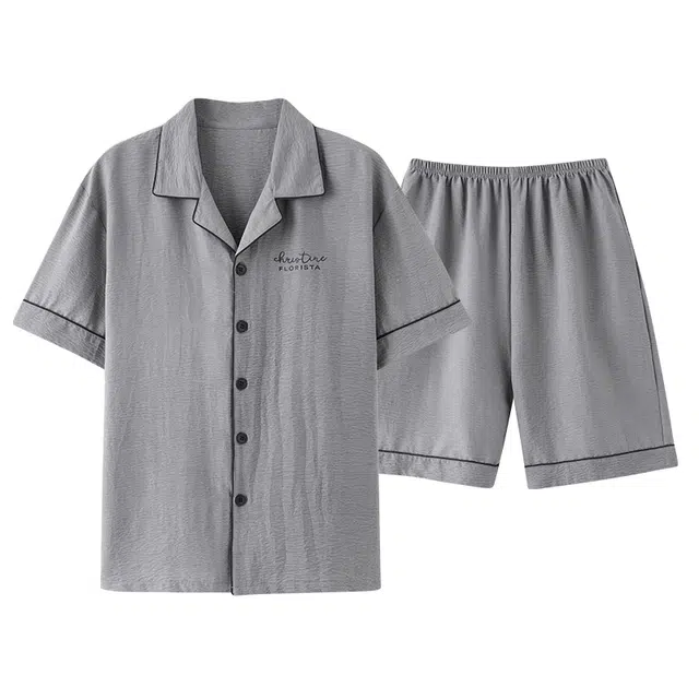 莫代尔 宽松时尚百搭个性翻领开衫简约休闲舒适柔软亲肤细腻短袖短裤家居服可外穿睡衣套装 男款