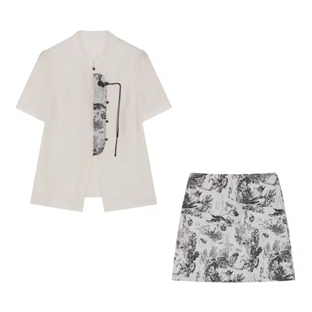 潞优野 复古国风盘扣衬衫重工刺绣半裙夏设计感套裙装套装 女款