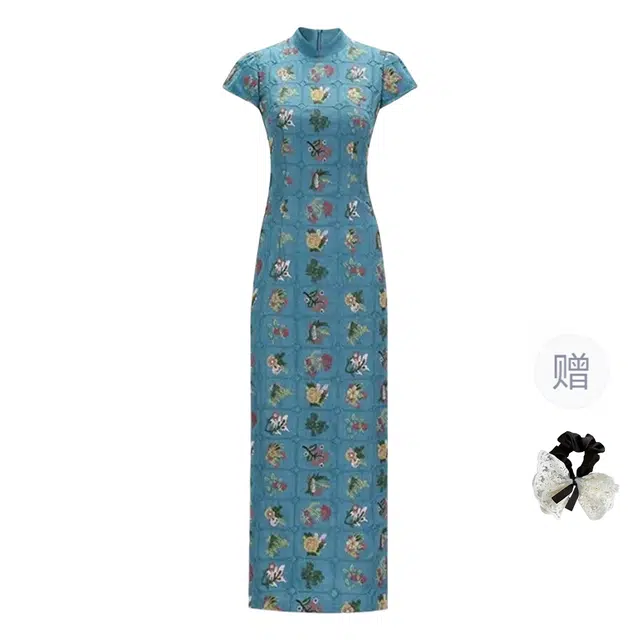 涂诗菲 新中式改良刺绣碎花立领旗袍直筒收腰显瘦绝美短袖连衣裙 女款