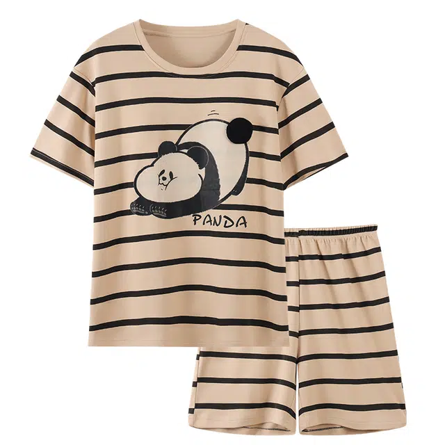 俏韵 卡通熊猫短袖带胸垫可爱舒适家居服可外穿睡衣套装 女款