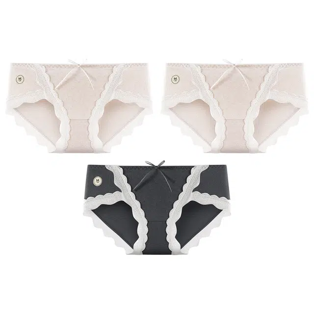 二三二三 蕾丝花边高开叉防勒不卡档亲肤舒适不勒中腰高弹力吸湿排汗三角防夹臀透气抑菌纯欲俏皮蝴蝶结性感少女内裤 女款 组合装