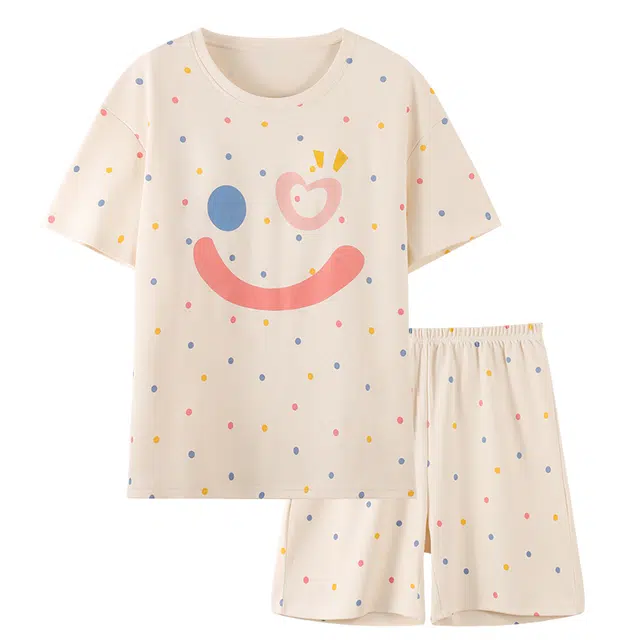 俏韵 卡通甜美笑脸短袖带胸垫波点家居服可外穿睡衣套装 女款