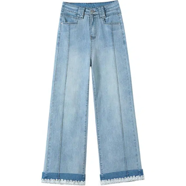 沐晓欣 蕾丝花边拼接高腰宽松百搭翻边休闲直筒裤牛仔裤 女款