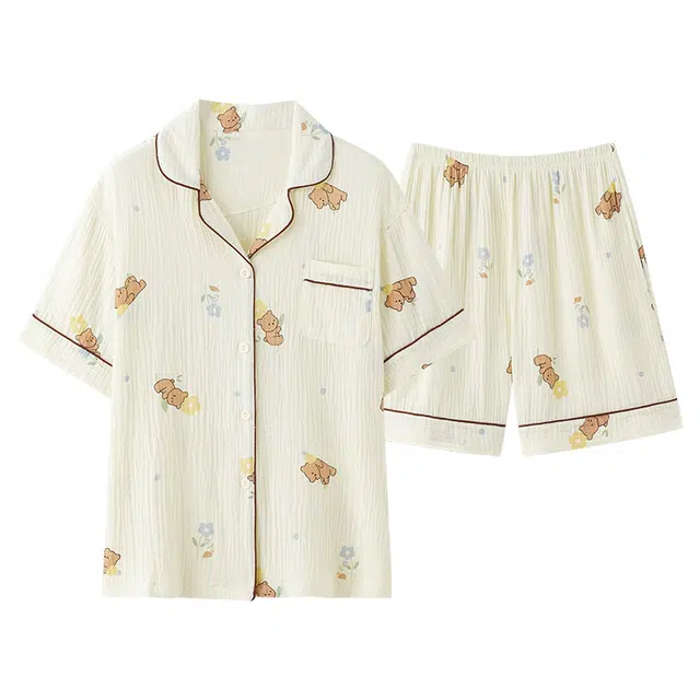 俏佳人 柔软亲肤小熊印花休闲开衫短袖家居服睡衣套装 女款