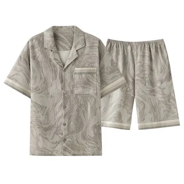 细舍 开衫翻领薄款透气短袖短裤休闲上衣两件家居服睡衣套装 男款