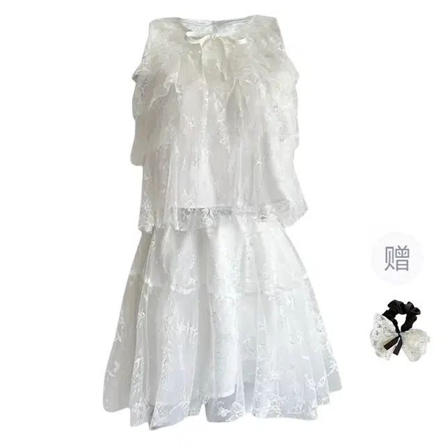 涂诗菲 千金感时尚百搭网纱刺绣绑带无袖上衣减龄感高腰显瘦蓬蓬裙裙装套装 女款