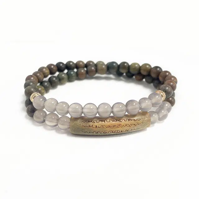 九隆古 新中式禅意 念珠 五条经手牌双圈手腕叠戴手饰 森系田园小众轻奢设计 生日纪念日#好运 檀木 手串 男女同款情侣款