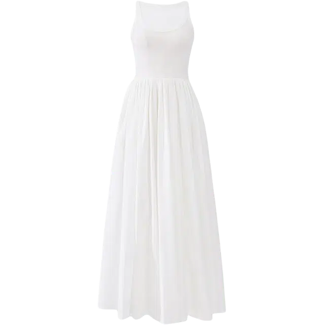 拾籍 气质款收腰长裙拼接蓬蓬美式复古修身显瘦百搭无袖连衣裙 女款