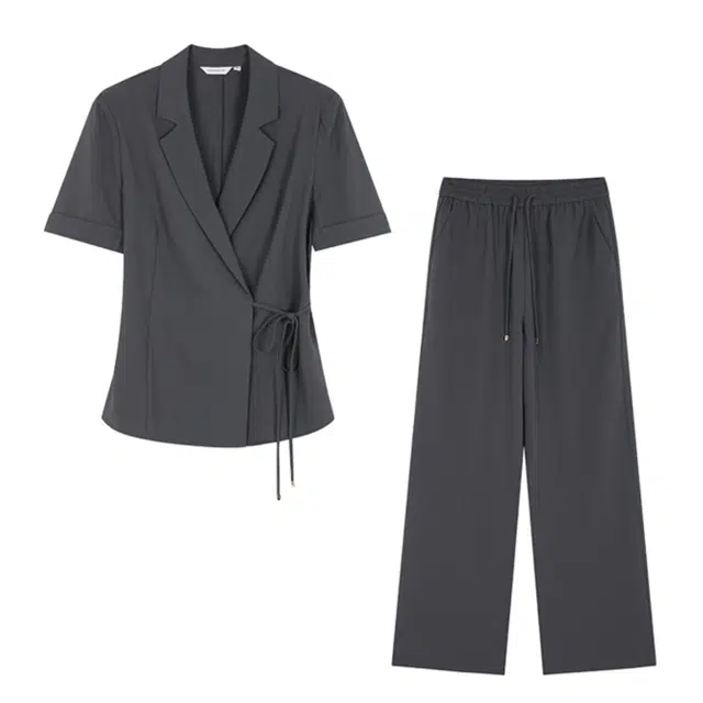 潞优野 气质绑带收腰中袖短袖显瘦长裤时尚两件装西装套装 女款