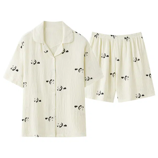 俏佳人 柔软亲肤熊猫印花休闲开衫慵懒短袖家居服睡衣套装 女款