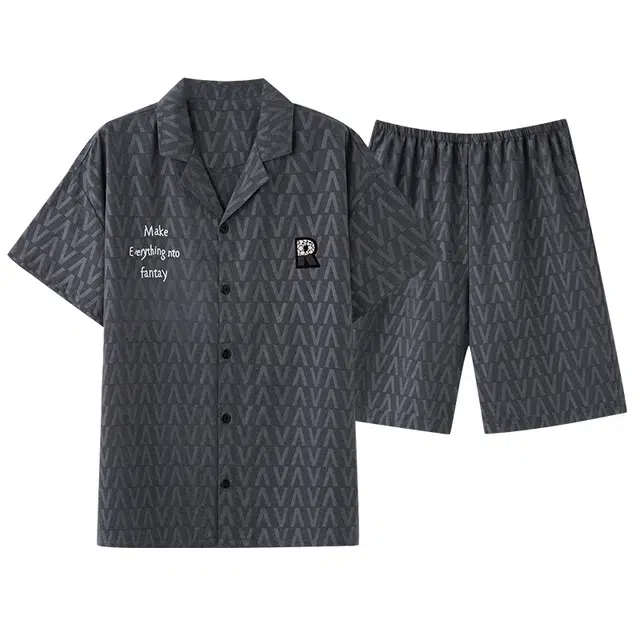 莫代尔 慵懒随性气质时尚百搭翻领开衫舒适亲肤细腻耐磨耐穿休闲简约短袖短裤两件套可外穿睡衣套装 男款