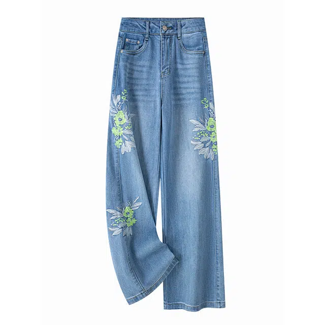 潞优野 高腰宽松拖地裤复古国风牛仔裤 女款