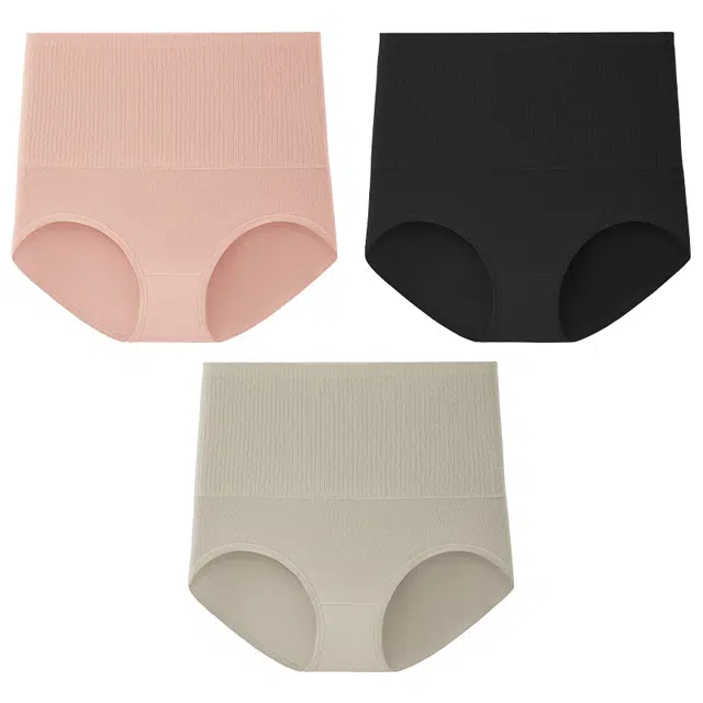 二三二三 纯色简约高腰收腹抑菌透气柔软舒适不勒不卡档不卷边束腰吸湿排汗三角裤不夹臀亲肤时尚潮流百搭剖腹产专用内裤 女款 组合装