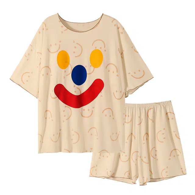 俏韵 可爱笑脸印花短袖带胸垫家居服可外穿睡衣套装 女款