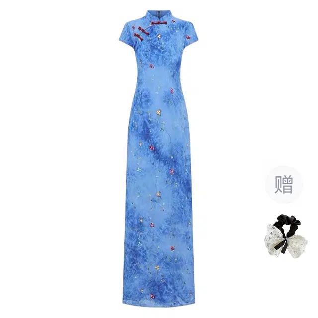 涂诗菲 新中式国风气质立领钉珠晕染长裙收腰显瘦松弛感包臀后开叉设计感短袖连衣裙 女款