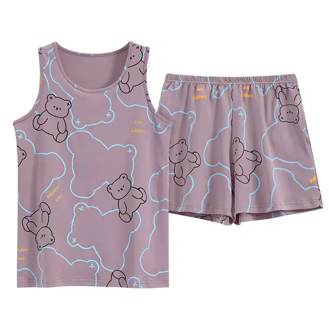 睦隆世家 简约小熊带胸垫背心吊带无袖家居服夏季睡衣套装 女款