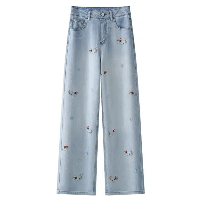 潞优野 夏季高腰显瘦设计感刺绣直筒牛仔裤 女款