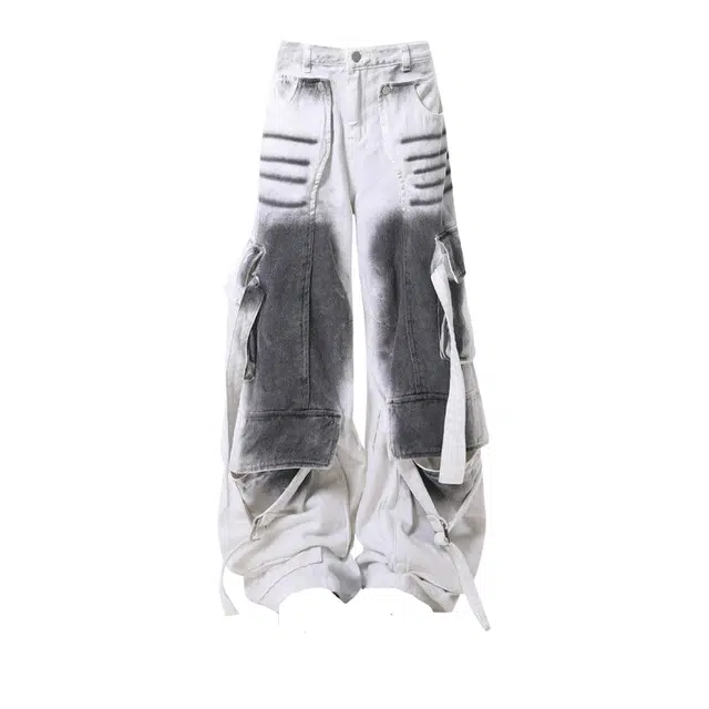 桴生 美式街头大码做旧喷墨飘带工装女宽松显瘦阔腿垂感拖地裤潮牛仔裤 女款