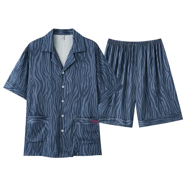 俏佳人 开衫冰丝翻领凉感高级透气亲肤休闲短袖短裤家居服睡衣套装 男款