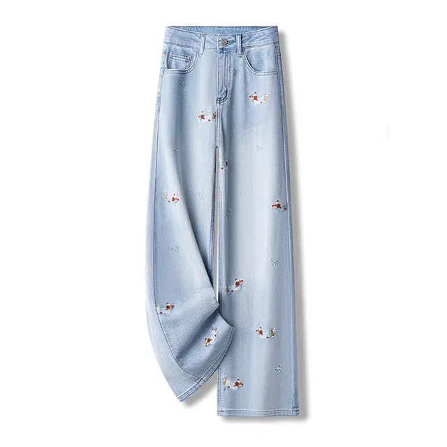 潞优野 刺绣直筒裤高腰窄版显瘦休闲牛仔裤 女款