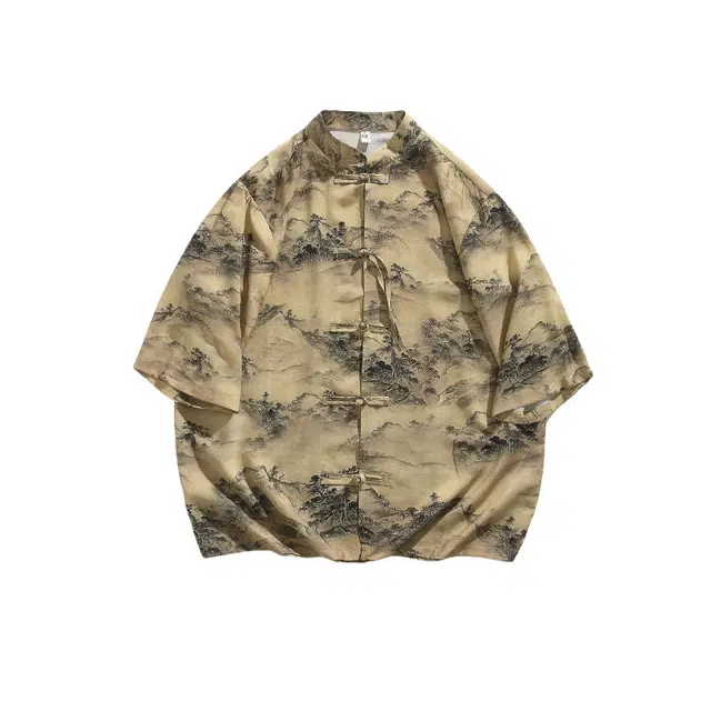 加荣 新中式盘扣唐装汉服中国风复古夏日凉感速干冰丝户外宽松休闲夏季薄款山水印花立领短袖衬衫 男女同款