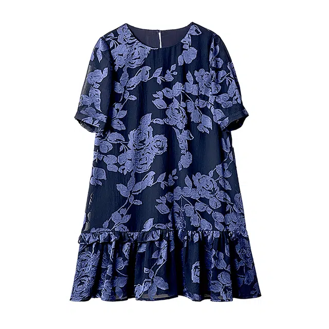 潞优野 圆领印花雪纺裙气质时尚中长款短袖连衣裙 女款
