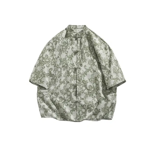 加荣 中国风提花衬衣夏季国潮新中式盘扣立领唐装高端提花小众设计感汉服薄款外套潮流户外透气五分袖短袖衬衫 男女同款