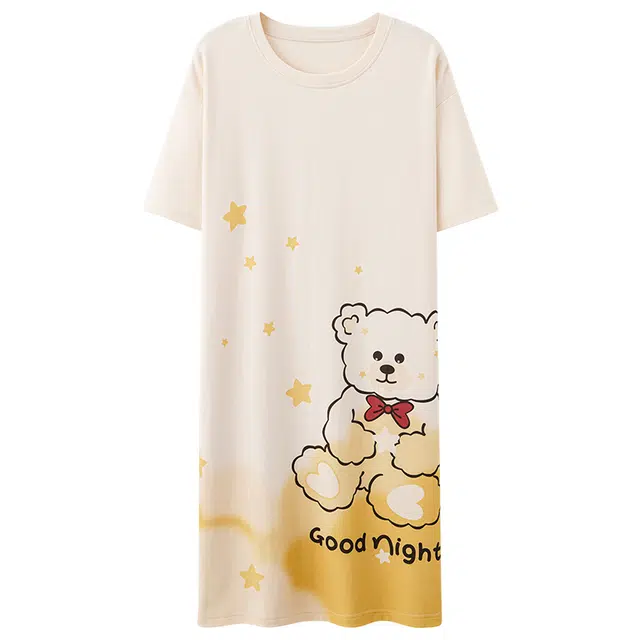 棉基因 小清新可爱休闲卡通薄款舒适柔软清凉短袖家居服可外穿亲肤透气简约百搭韩系学院风夏季睡裙 女款