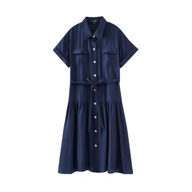 欧昵雪 翻领纯色舒适气质中长款合身通勤短袖连衣裙 女款