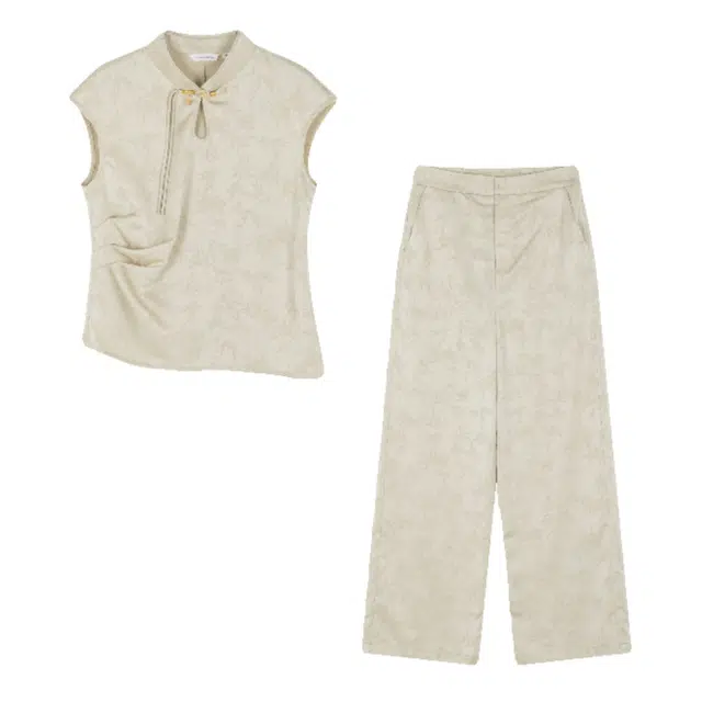 潞优野 新中式提花显瘦无袖上衣直筒裤两件套气质休闲套装 女款