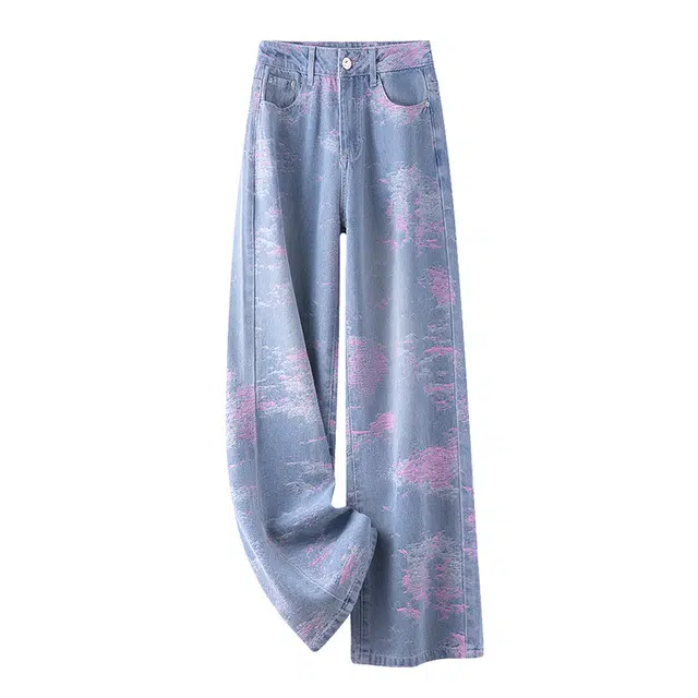 潞优野 夏季高腰宽松垂感直筒裤子提花刺绣阔腿牛仔裤 女款