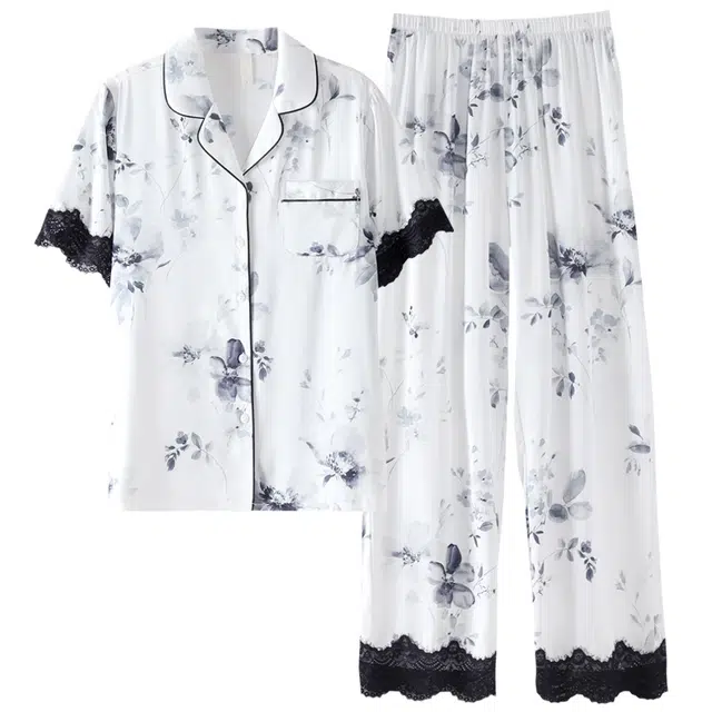 睦隆世家 短袖长裤冰丝薄款仿真丝绸家居服夏季睡衣套装 女款