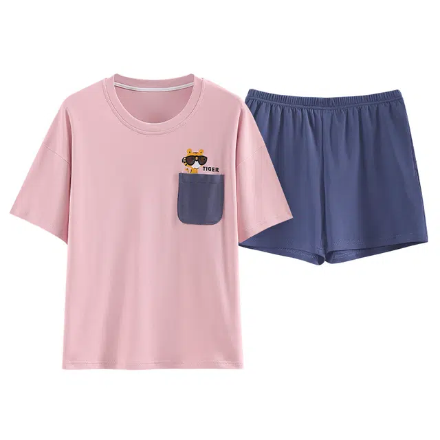 睦隆世家 汗蒸服短袖短裤薄款自带胸垫纯棉家居服可外穿夏季睡衣套装 女款