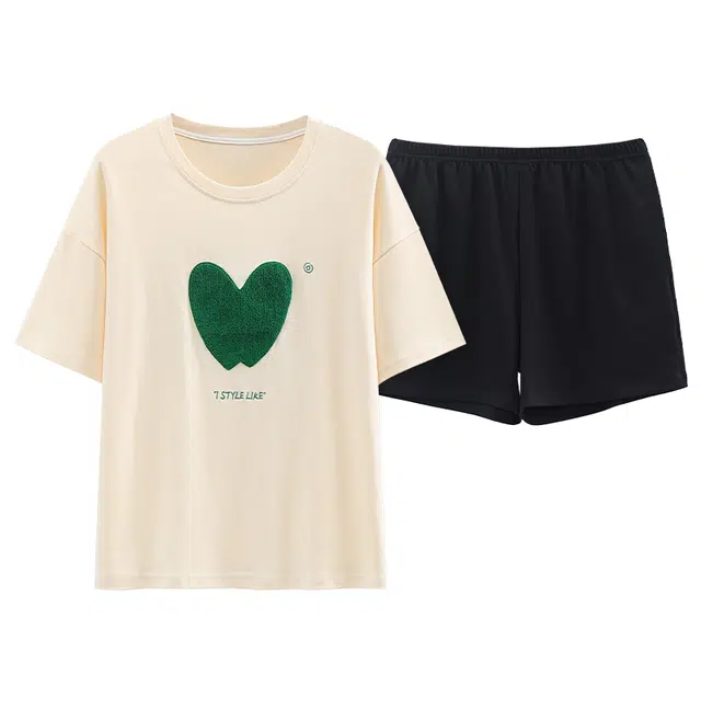 睦隆世家 家居服汗蒸服自带胸垫纯棉短袖短裤薄款可外穿夏季睡衣套装 女款