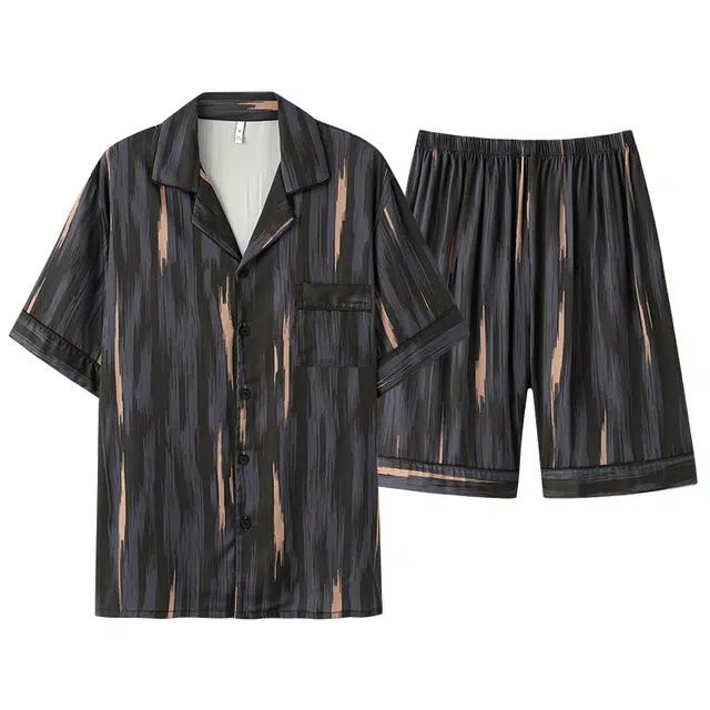 俏佳人 冰丝开衫翻领凉感高级透气亲肤休闲短袖短裤家居服睡衣套装 男款
