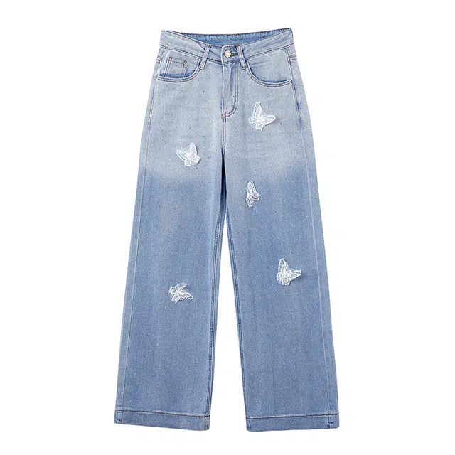 潞优野 蝴蝶蕾丝烫钻渐变夏季百搭宽松牛仔裤 女款