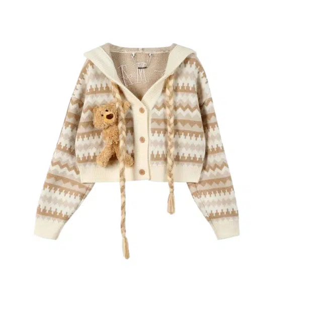 桴生 复古立体玩偶小熊开衫连帽短款外套显瘦上衣针织衫 女款