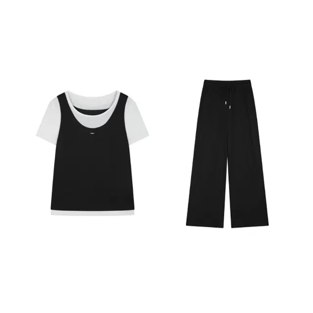 潞优野 假两件撞色短袖夏季圆领假两件撞色休闲套装 女款