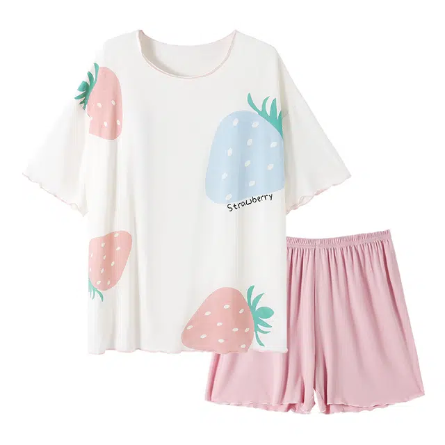 俏韵 甜美草莓印花短袖短裤带胸垫家居服可外穿睡衣套装 女款
