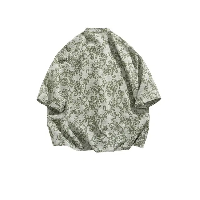 加荣 中国风提花衬衣夏季国潮新中式盘扣立领唐装高端提花小众设计感汉服薄款外套潮流户外透气五分袖短袖衬衫 男女同款