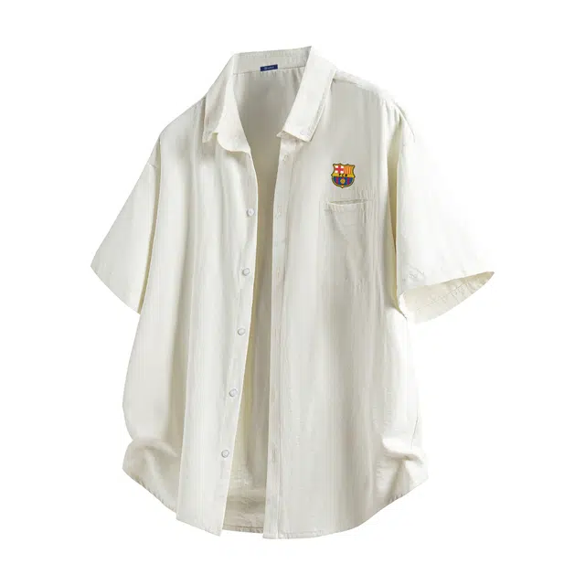 巴塞罗那足球俱乐部 美式高级感品牌印花设计时尚简约复古休闲运动百搭宽松翻领短袖衬衫 男女同款