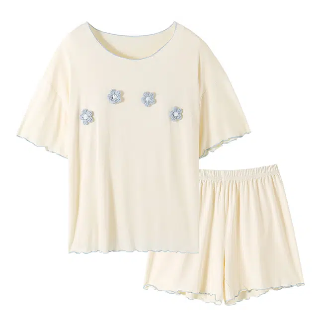 俏韵 甜美印花短袖短裤带胸垫家居服睡衣套装 女款