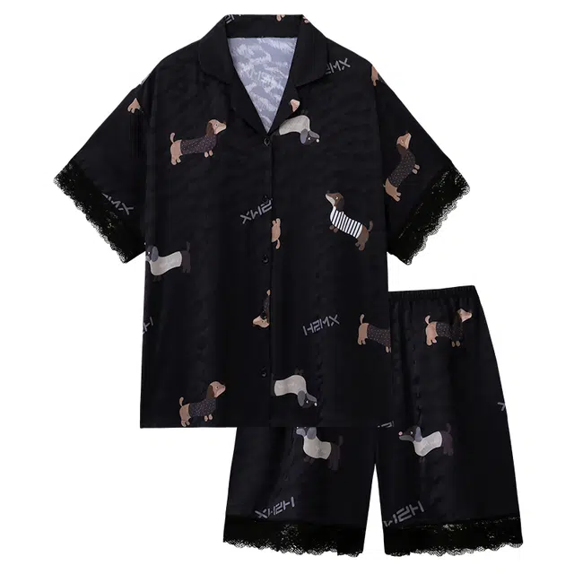 顶瓜瓜 冰丝短袖短裤冰凉感休闲舒适卡通腊肠狗花边情侣家居服睡衣套装 男女同款